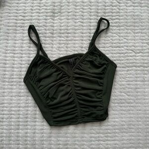 Olive Green Cropped Mesh Shirred Cami